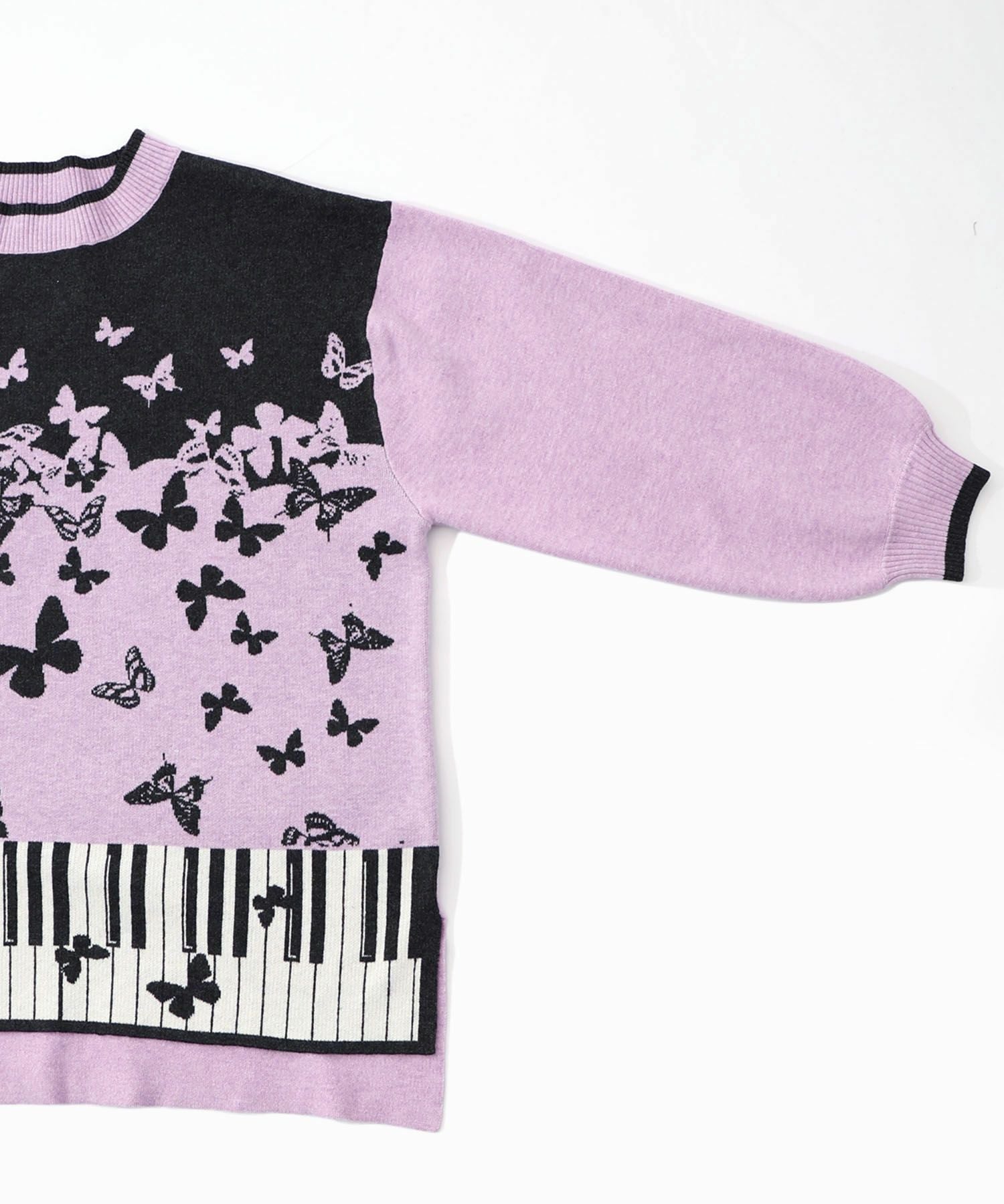 553262：ピアノ×蝶柄バイカラーニットプルオーバーの通販-ScoLar