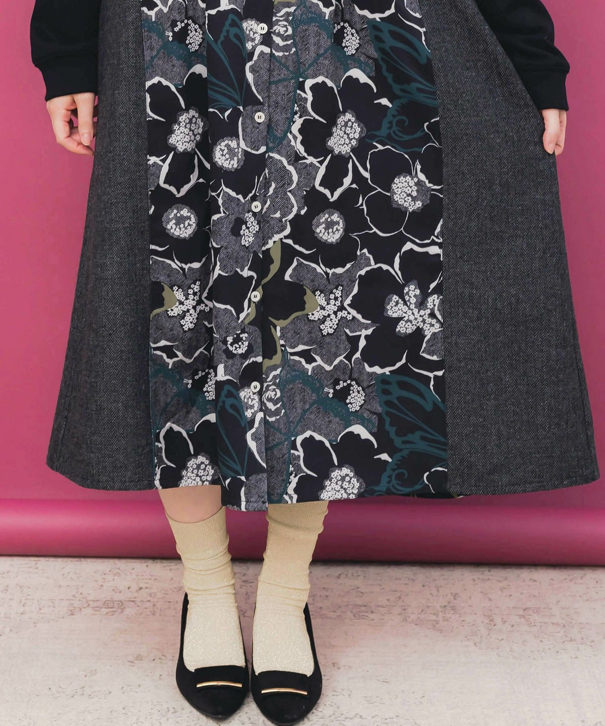 花柄ヘリンボーン×裏毛×布帛 異素材切替ワンピース-9