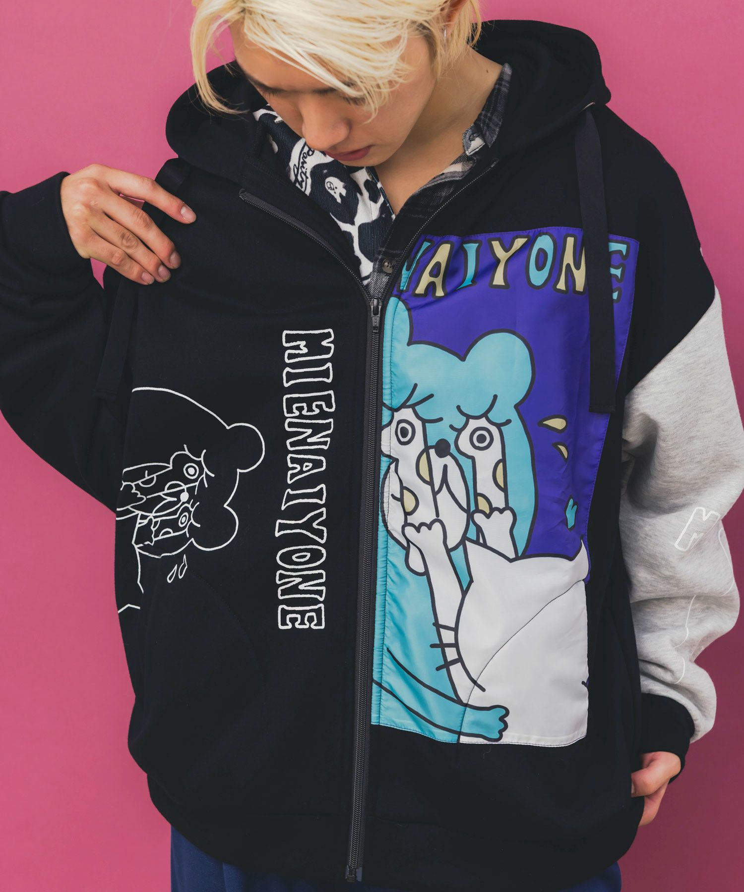 353130：ネコとクマとチンアナゴ柄 リメイク風裏起毛パーカーの通販-ScoLar