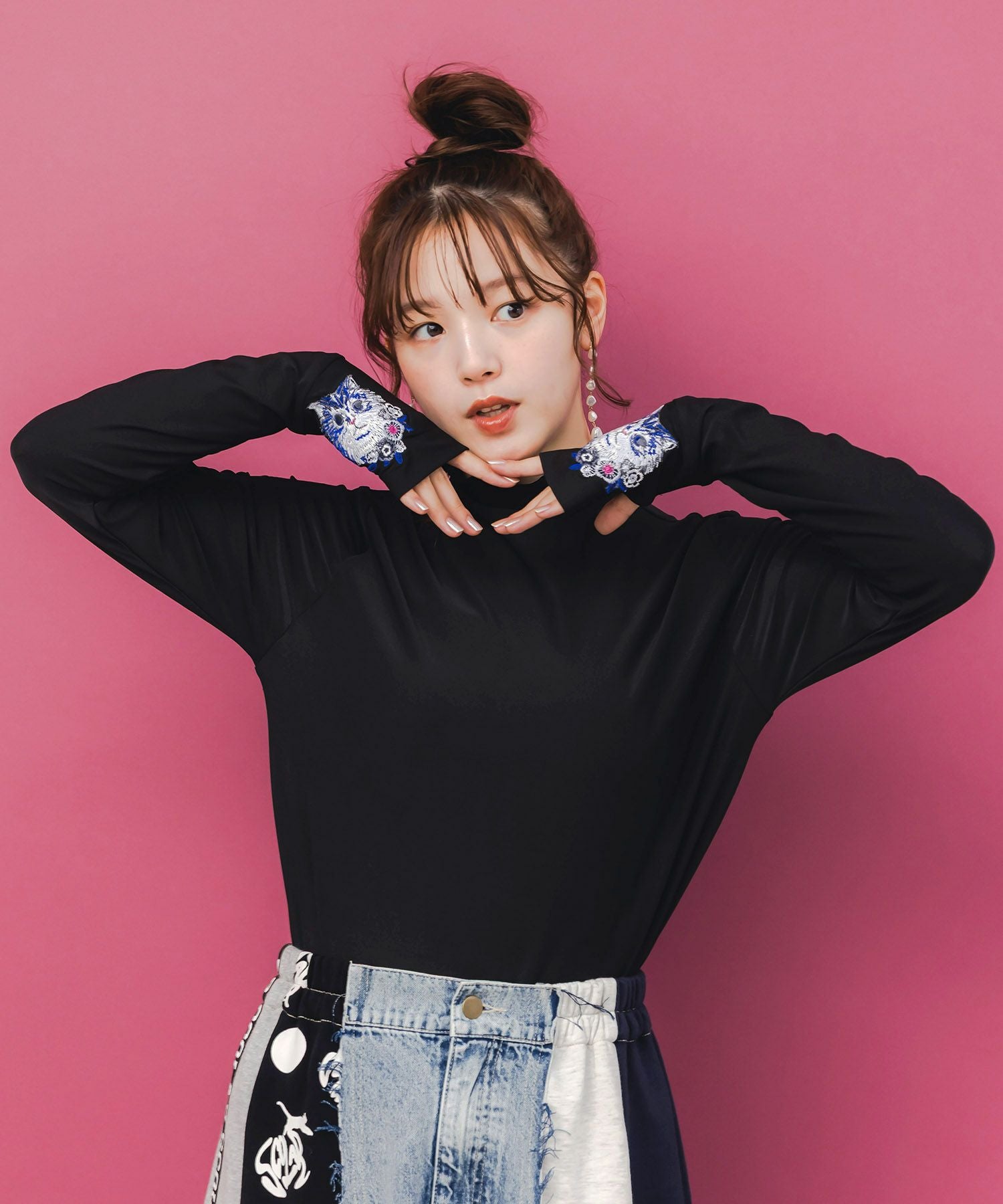 153722：ネコ刺繍袖×メロウ裏起毛スムースインナーの通販-ScoLar