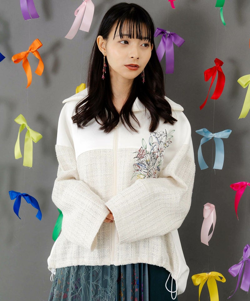 ダンボールニット×ツイード花刺繍ブルゾン-3
