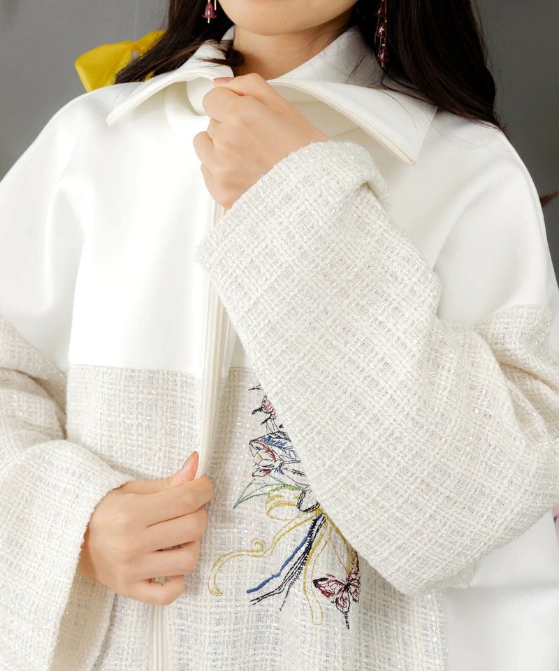 ダンボールニット×ツイード花刺繍ブルゾン-7