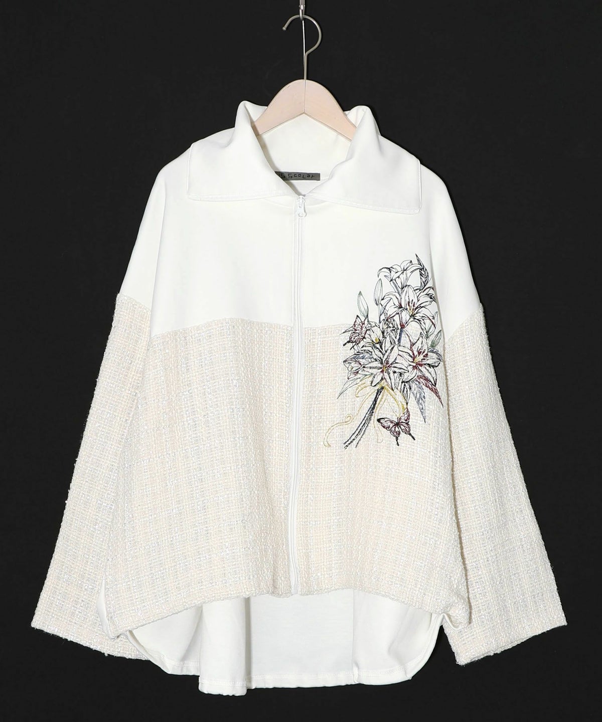 ダンボールニット×ツイード花刺繍ブルゾン-10