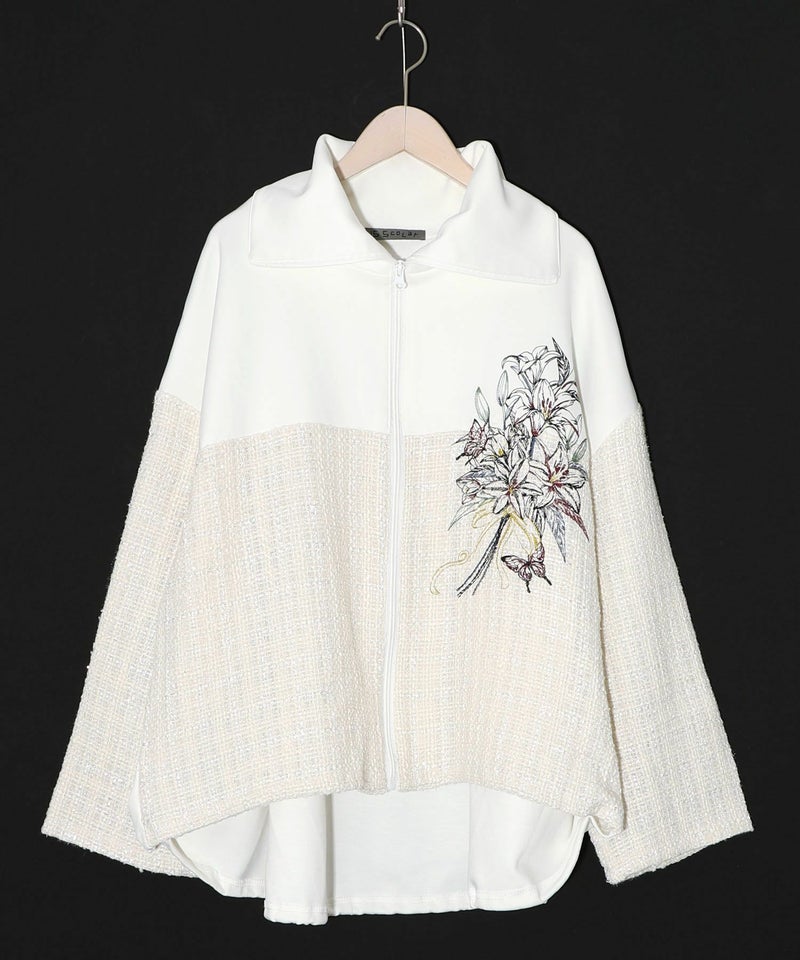 ダンボールニット×ツイード花刺繍ブルゾン-10