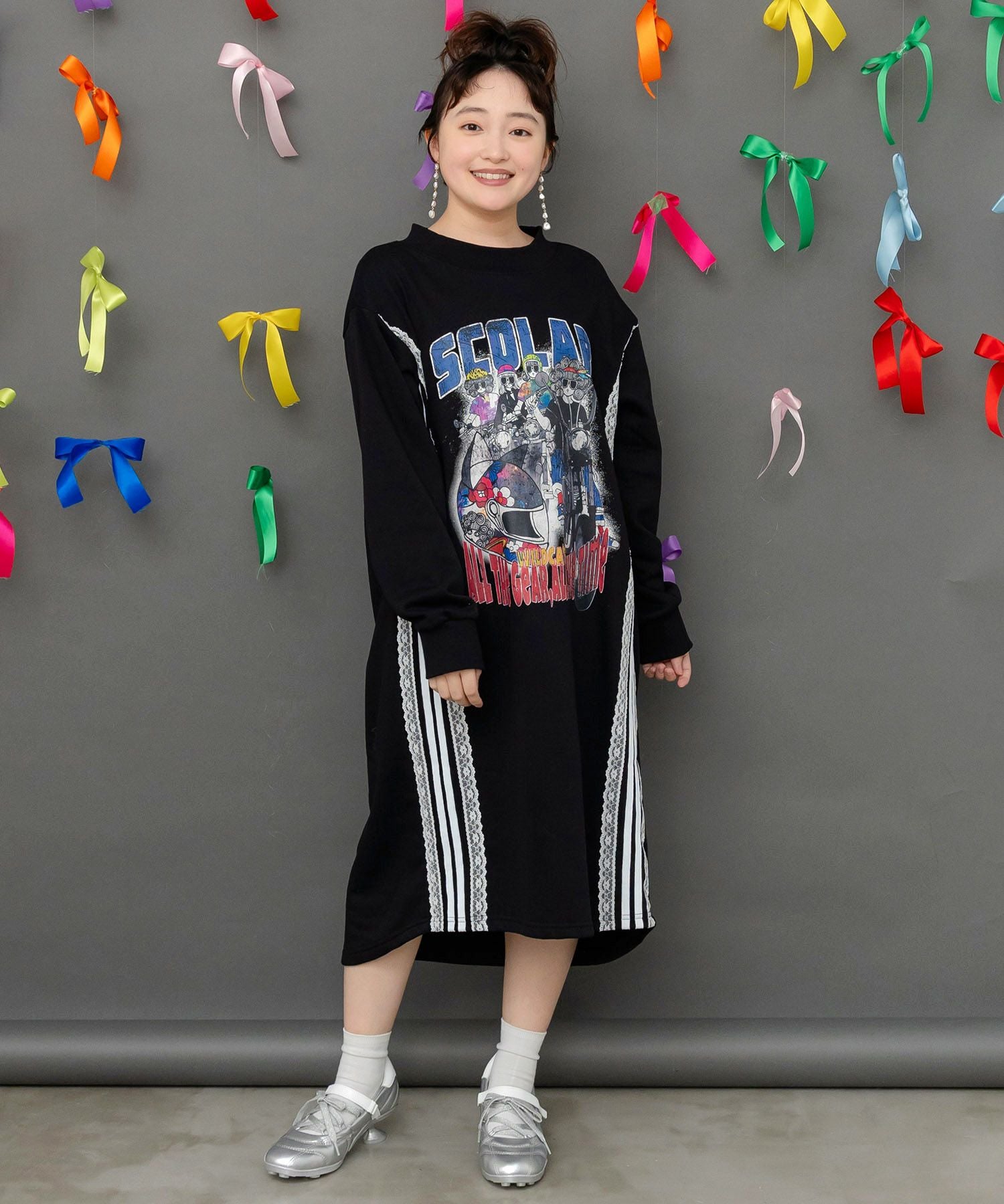 153783：レースライン×ロック柄ミニ裏毛ワンピースの通販-ScoLar