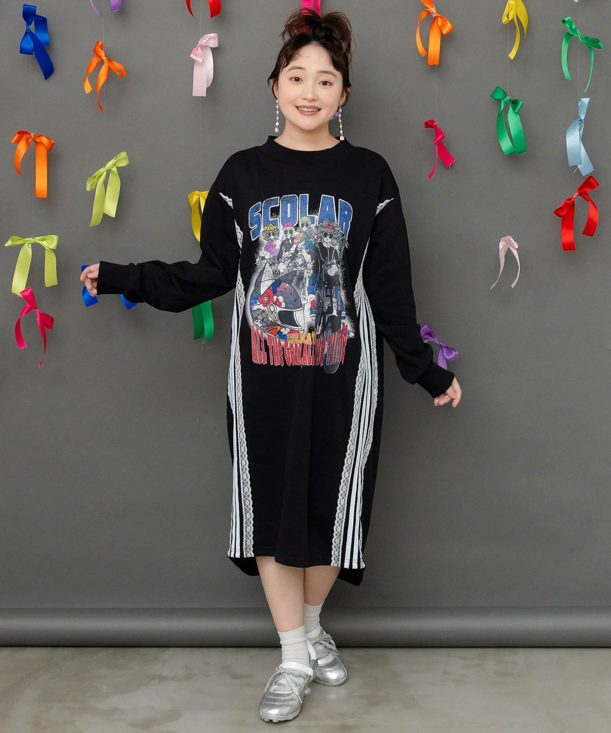 レースライン×ロック柄ミニ裏毛ワンピース-3