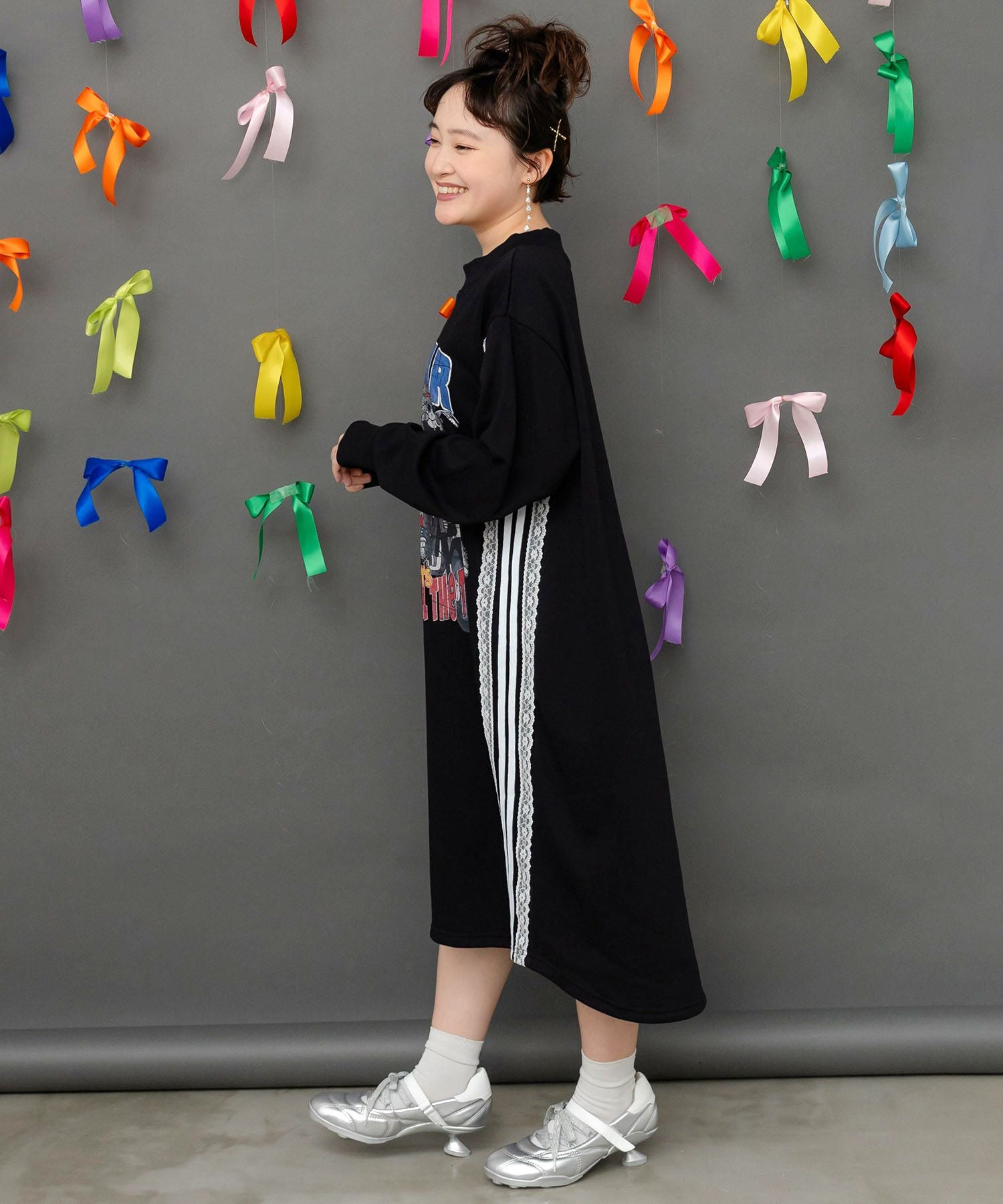 153783：レースライン×ロック柄ミニ裏毛ワンピースの通販-ScoLar