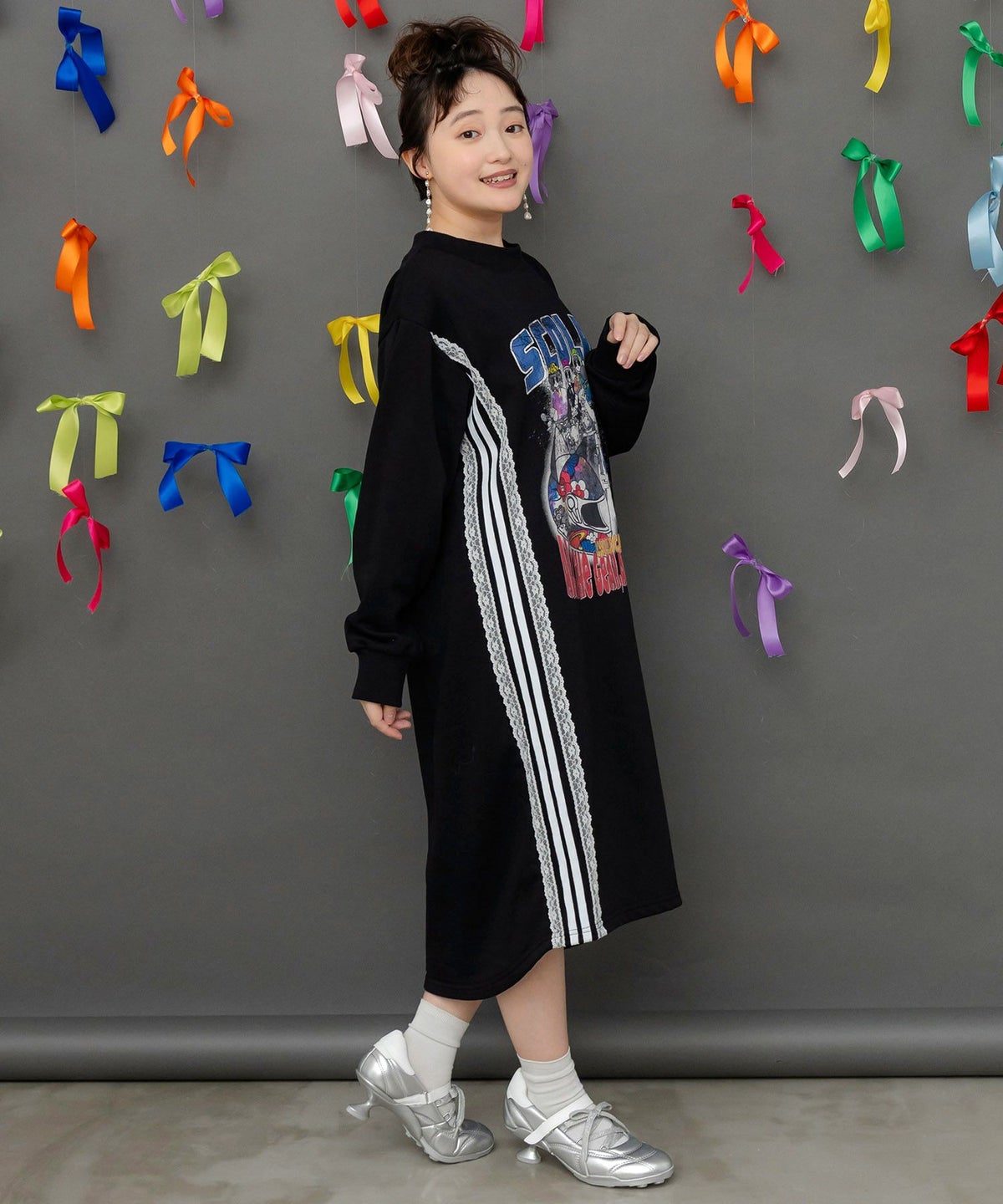 レースライン×ロック柄ミニ裏毛ワンピース-6