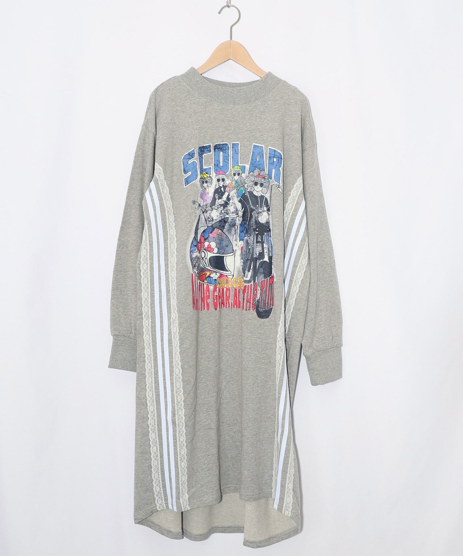 153783：レースライン×ロック柄ミニ裏毛ワンピースの通販-ScoLar