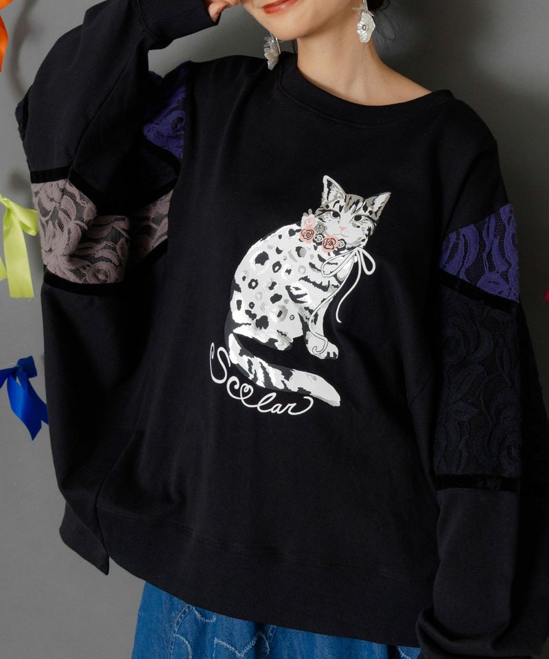 ネコ柄ミニ裏毛×起毛レース配色プルオーバー-6