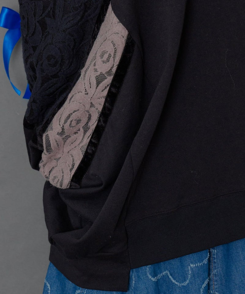 ネコ柄ミニ裏毛×起毛レース配色プルオーバー-9