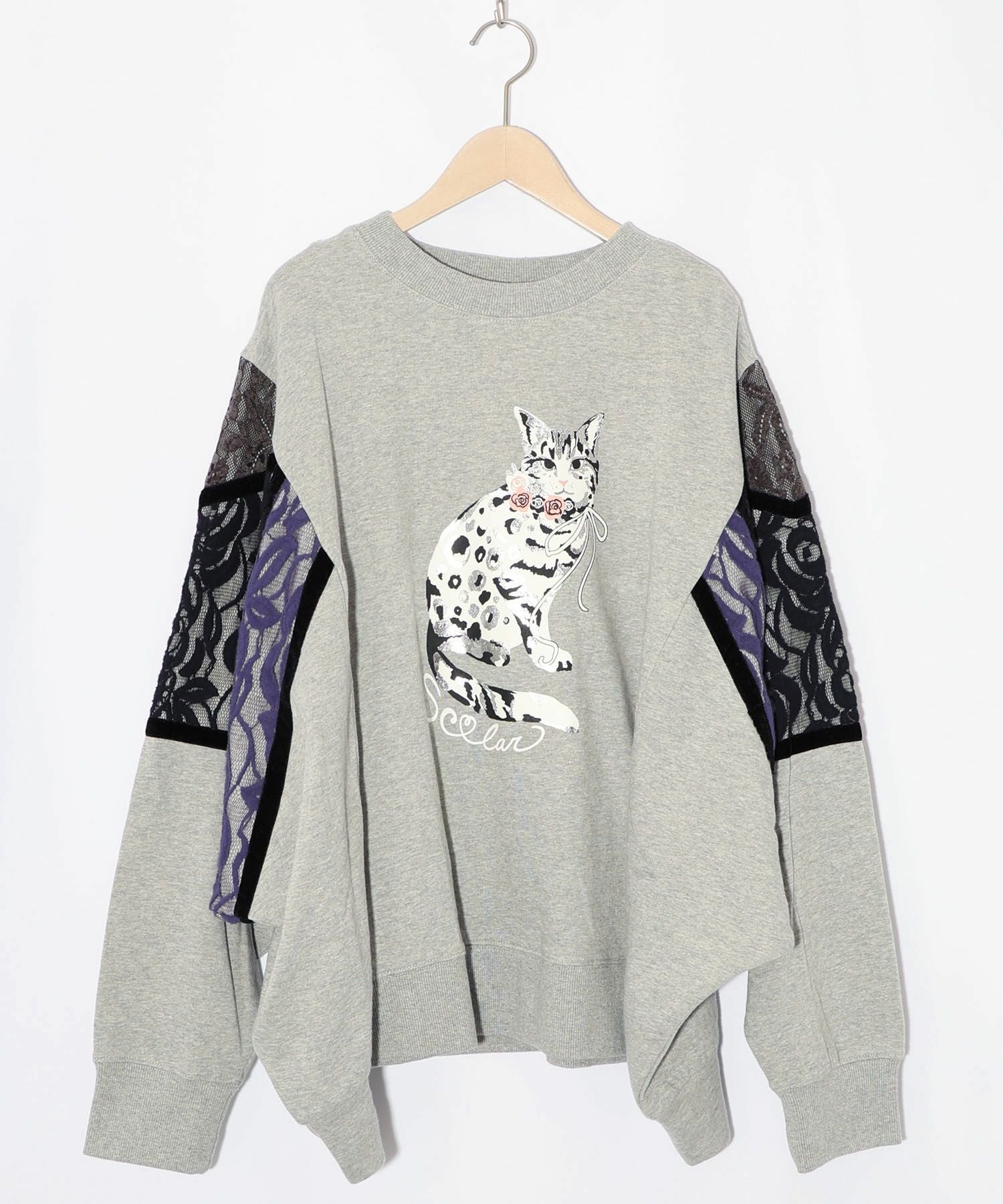 153782：ネコ柄ミニ裏毛×起毛レース配色プルオーバーの通販-ScoLar