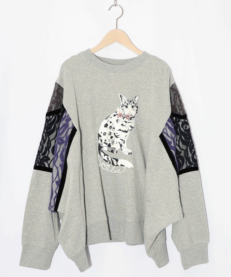 ネコ柄ミニ裏毛×起毛レース配色プルオーバー-10