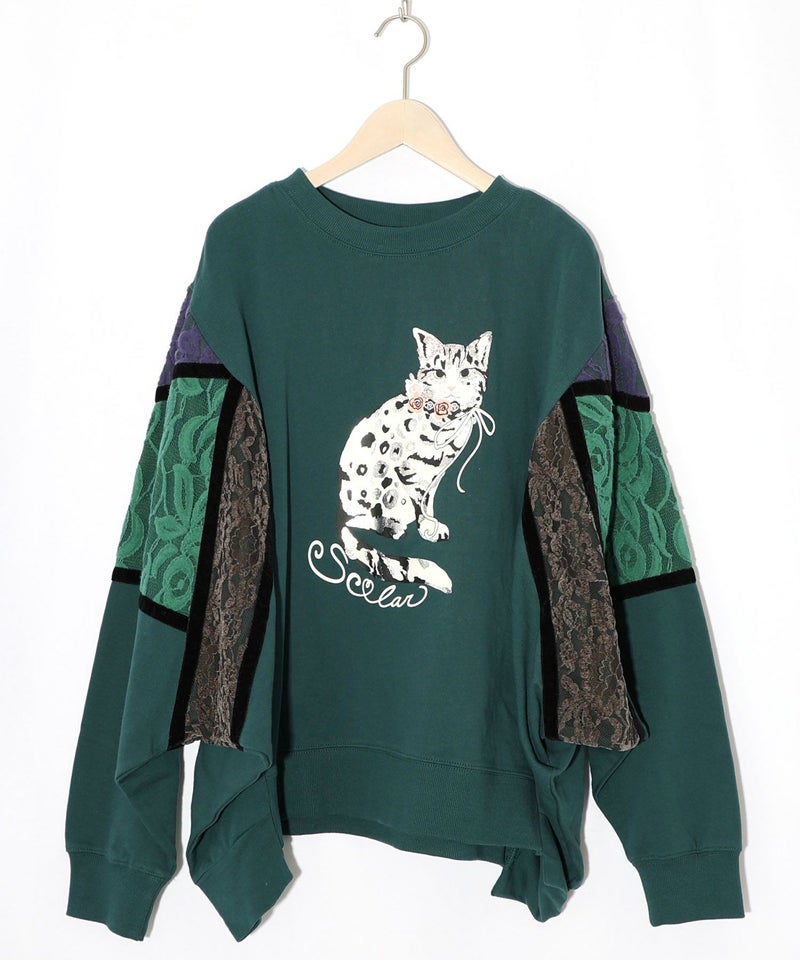 ネコ柄ミニ裏毛×起毛レース配色プルオーバー-14