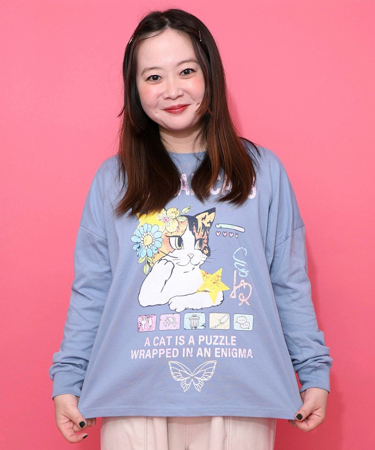 ネコちゃんのデイリールーティン柄ロンT-1