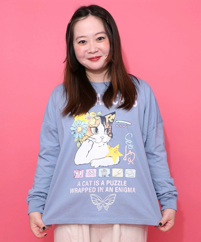 ネコちゃんのデイリールーティン柄ロンT-1