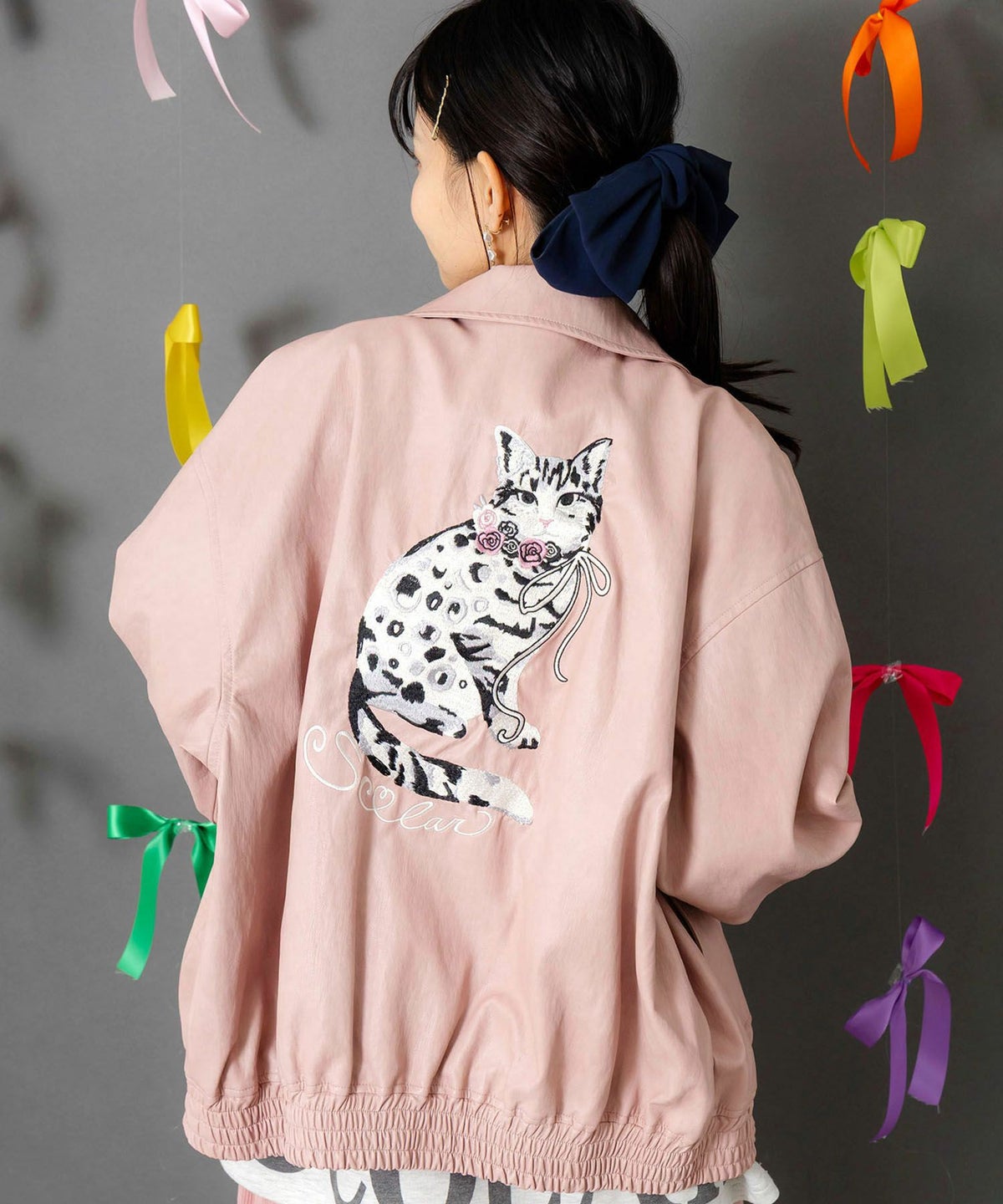 ネコ刺繍フェイクレザー×裏毛ブルゾン-1