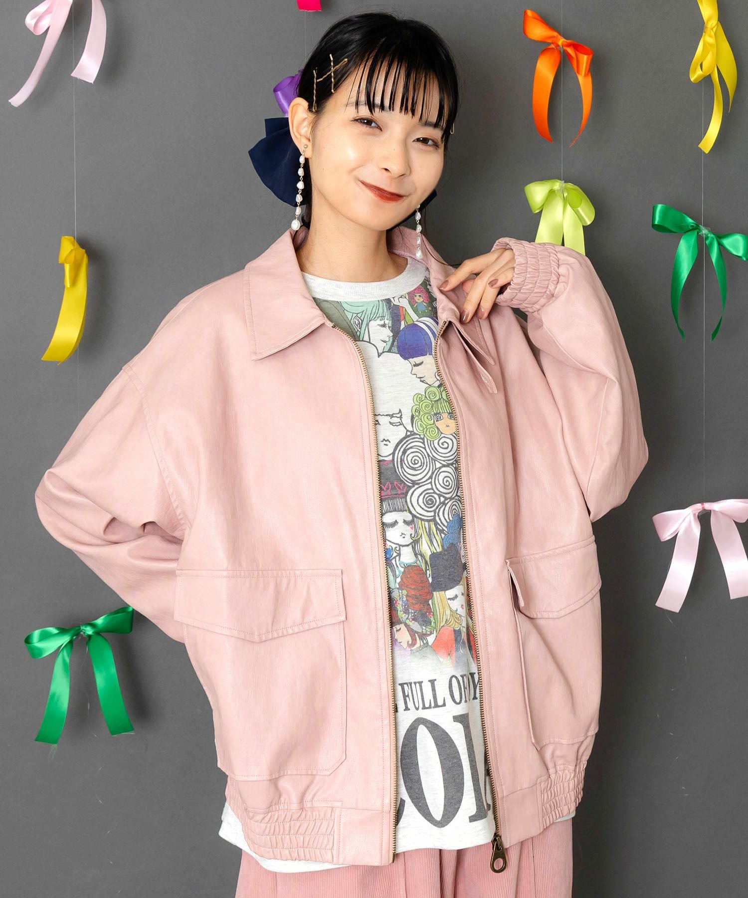 153771：ネコ刺繍フェイクレザー×裏地ブルゾンの通販-ScoLar