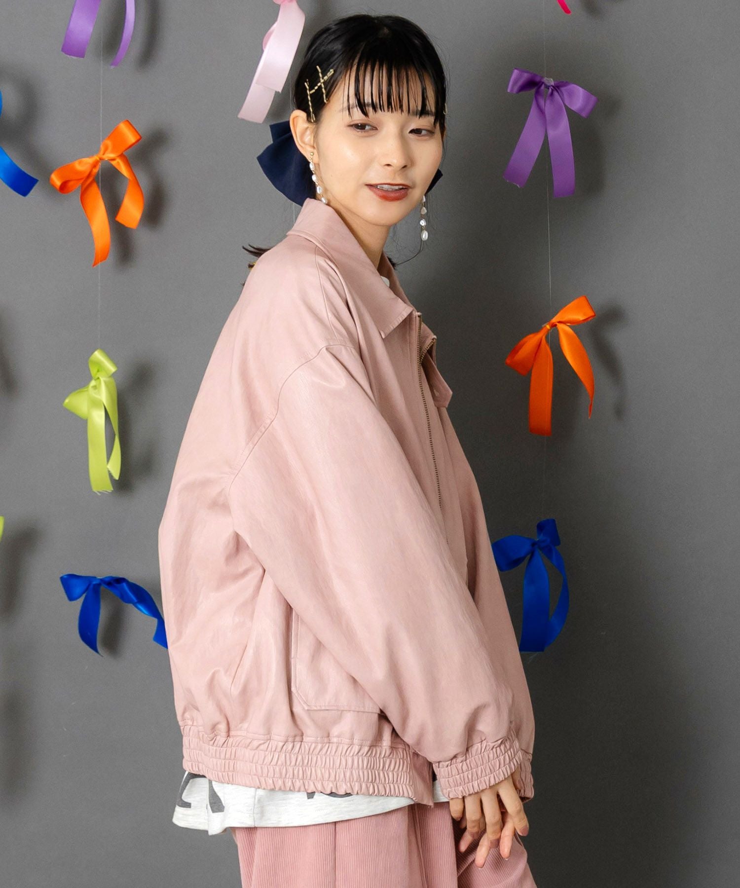 153771：ネコ刺繍フェイクレザー×裏地ブルゾンの通販-ScoLar