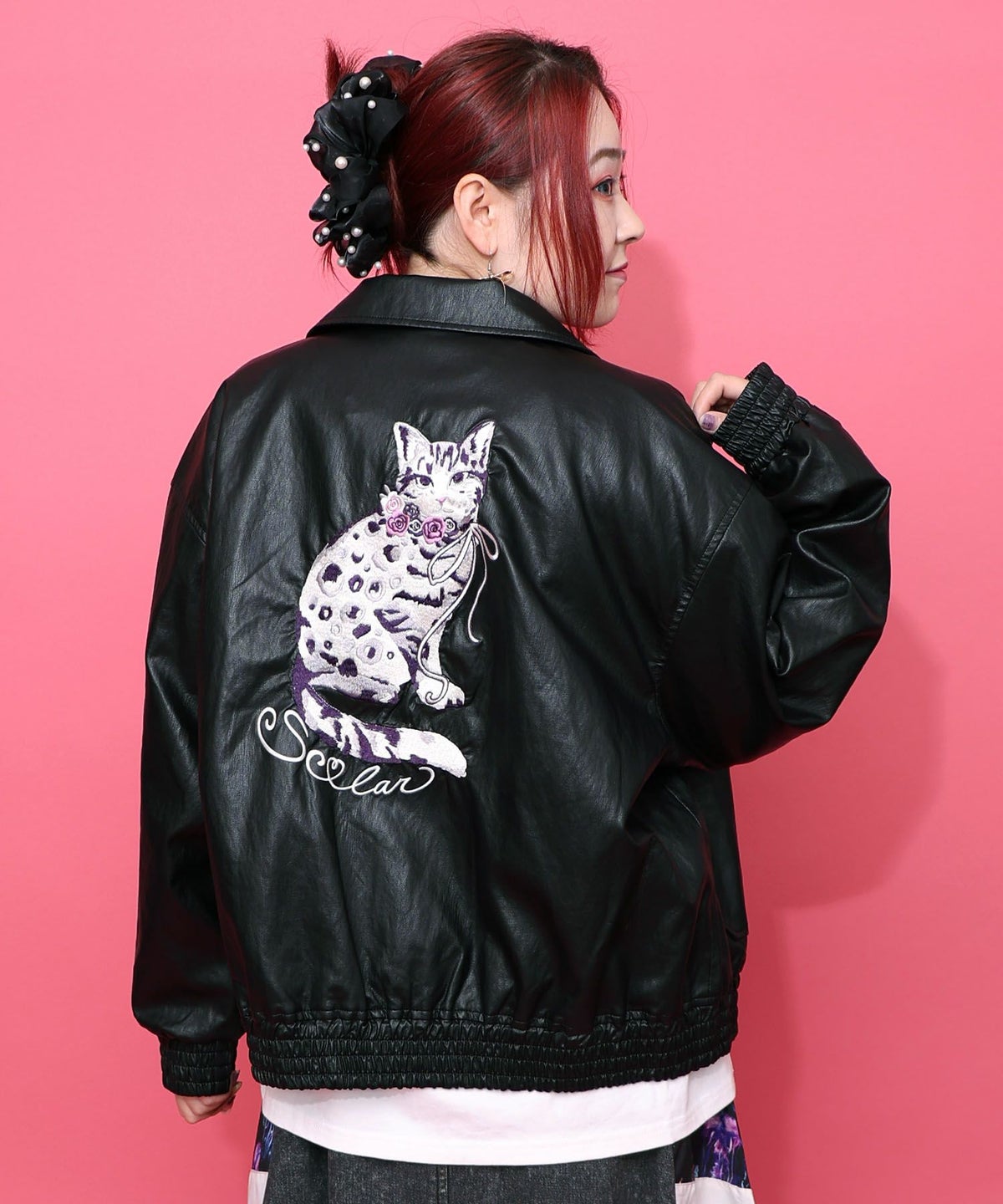 ネコ刺繍フェイクレザー×裏毛ブルゾン-9