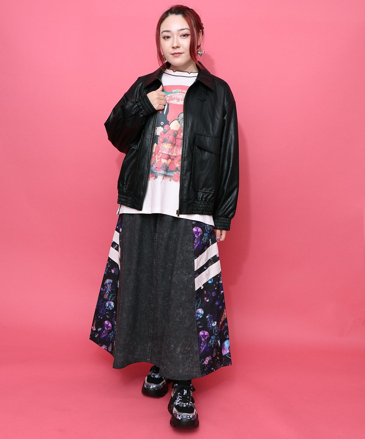 ネコ刺繍フェイクレザー×裏毛ブルゾン-11