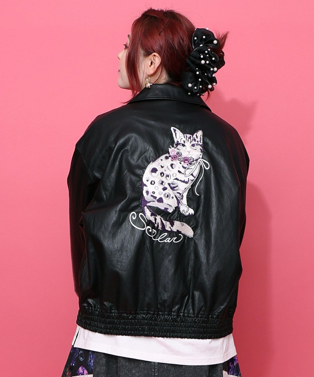 ネコ刺繍フェイクレザー×裏毛ブルゾン-13