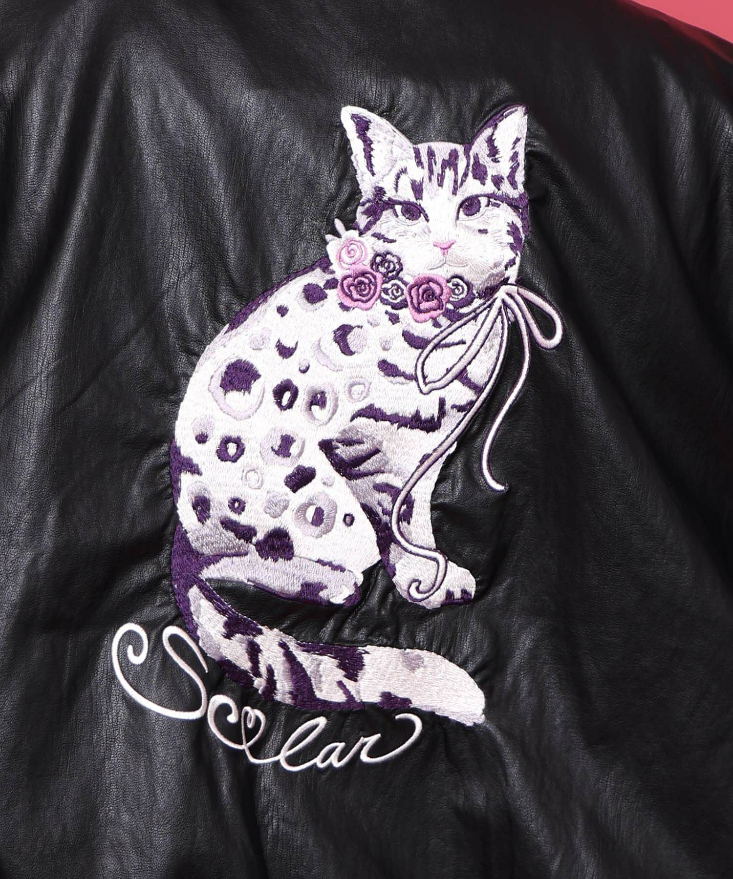 ScoLar 153771：ネコ刺繍フェイクレザー×裏地ブルゾン 153771：ネコ刺繍フェイクレザー×裏地ブルゾンの通販-ScoLar