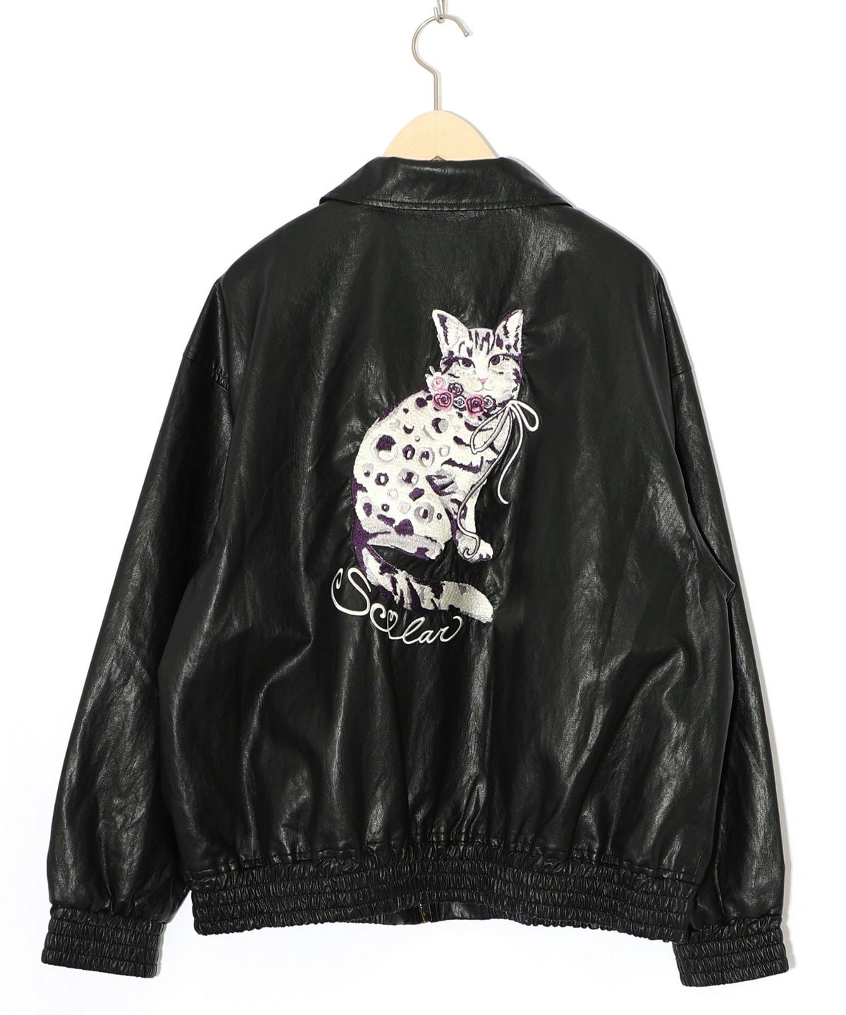 ネコ刺繍フェイクレザー×裏毛ブルゾン-16