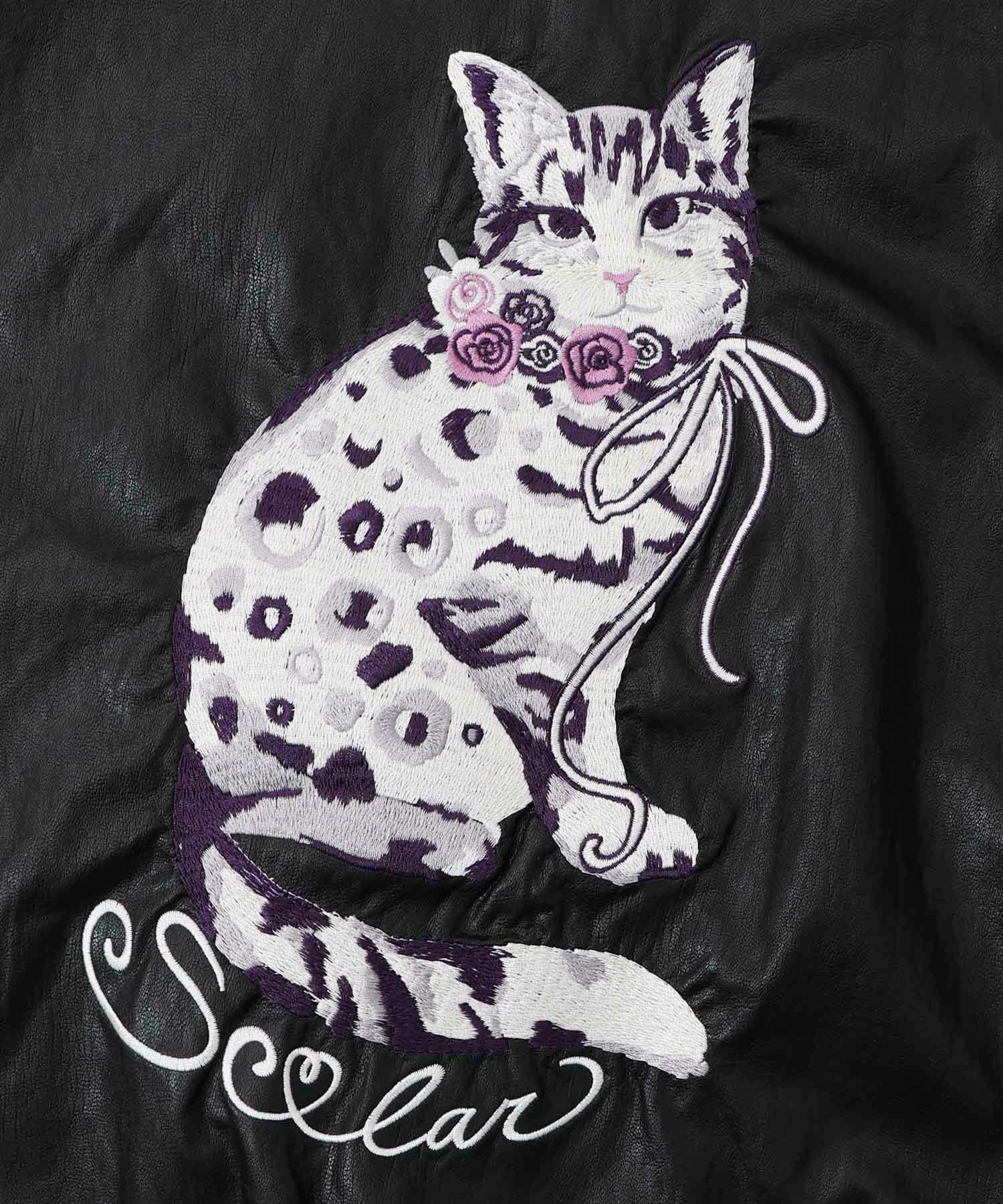 153771：ネコ刺繍フェイクレザー×裏地ブルゾンの通販-ScoLar