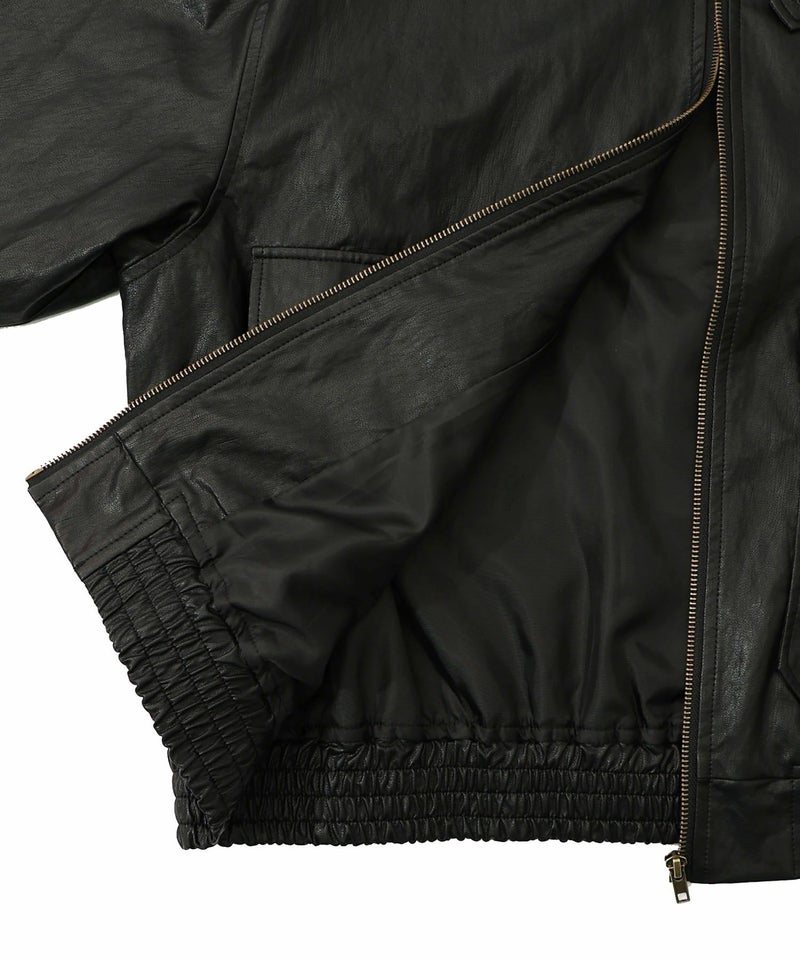 ネコ刺繍フェイクレザー×裏毛ブルゾン-24