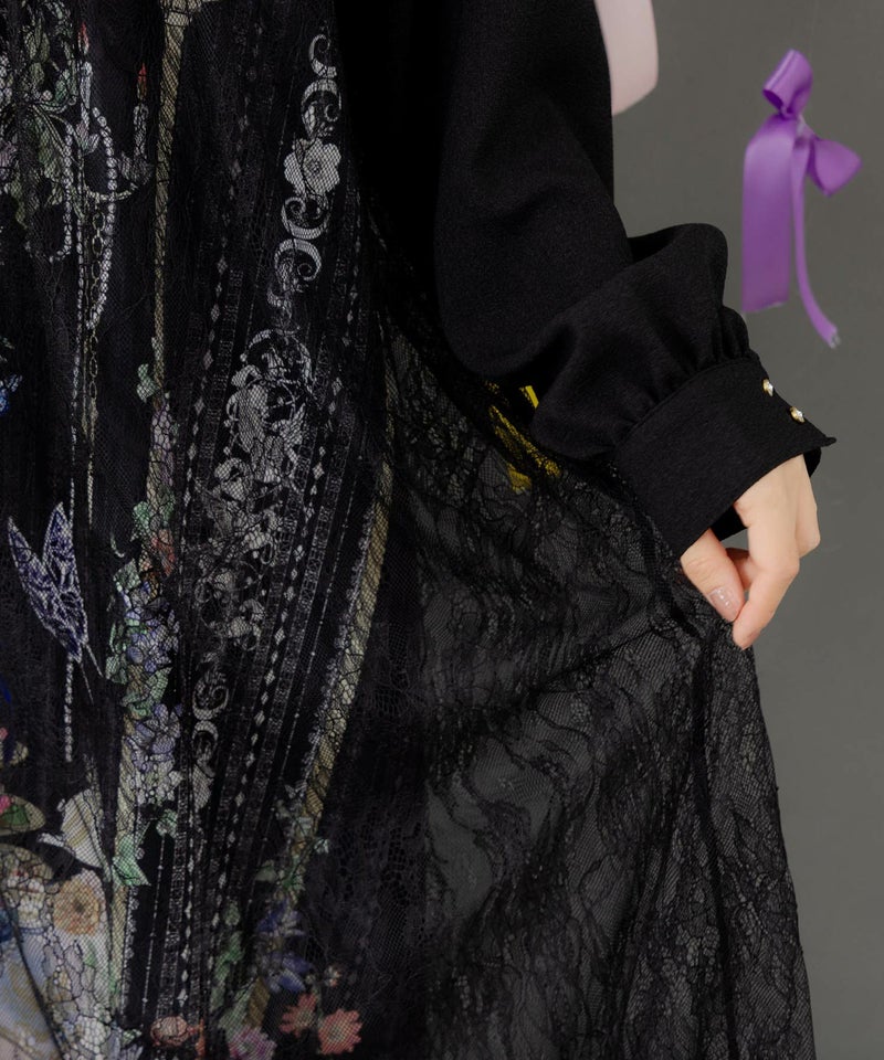 ガーデンティーパーティ柄 布帛×チュールレースワンピース-6