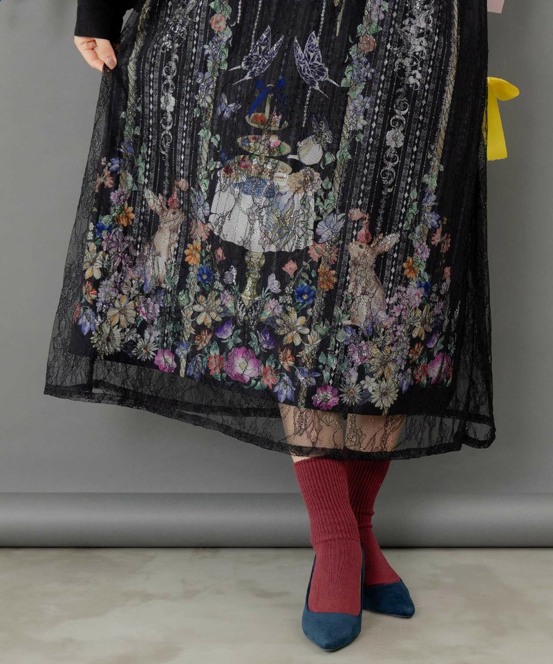 ガーデンティーパーティ柄 布帛×チュールレースワンピース-7