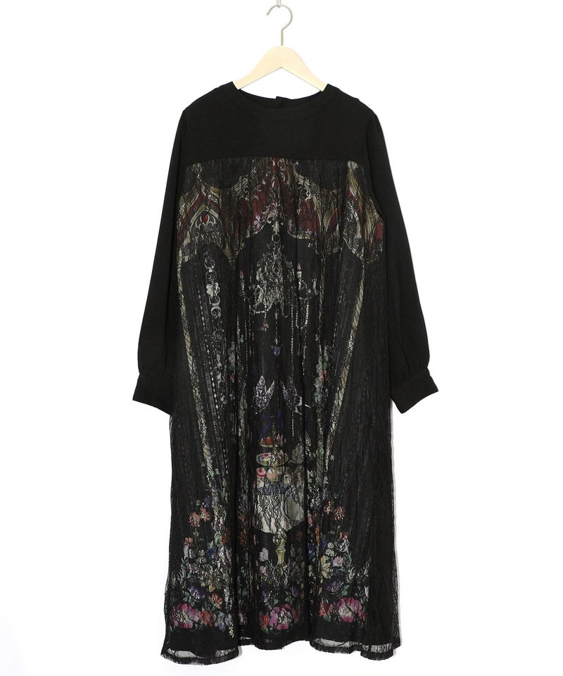 ガーデンティーパーティ柄 布帛×チュールレースワンピース-12