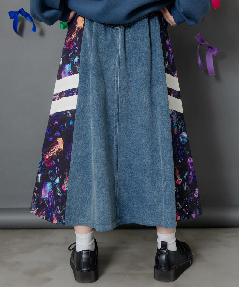 クラゲ柄ナイロン×デニムスカート-5