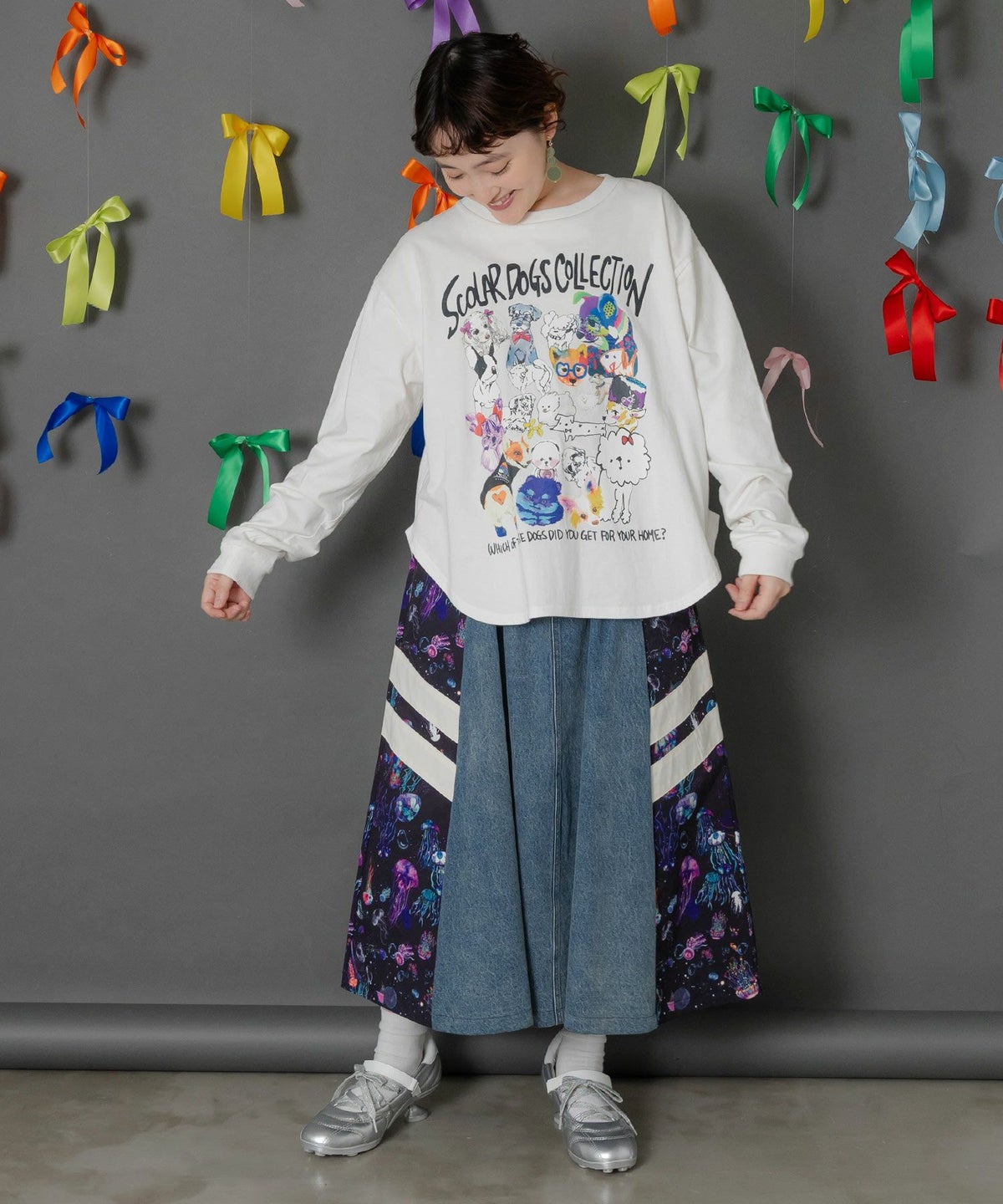 クラゲ柄ナイロン×デニムスカート-9