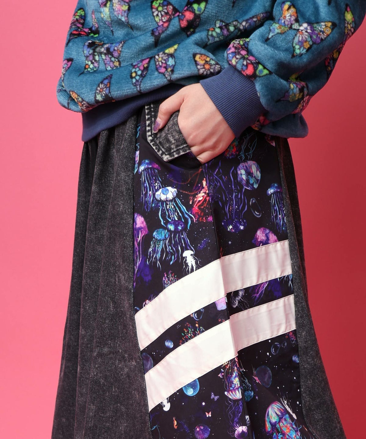 クラゲ柄ナイロン×デニムスカート-16