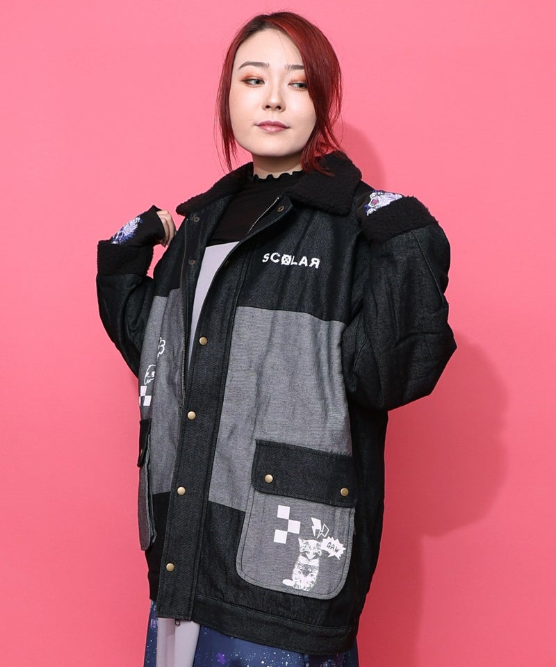 落書きモザイク柄デニム×ボアジャケット-16