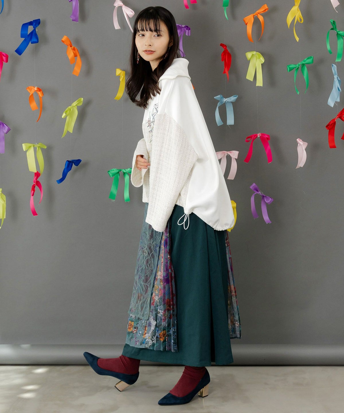 チュールスカート×花柄×プリーツスカート-7