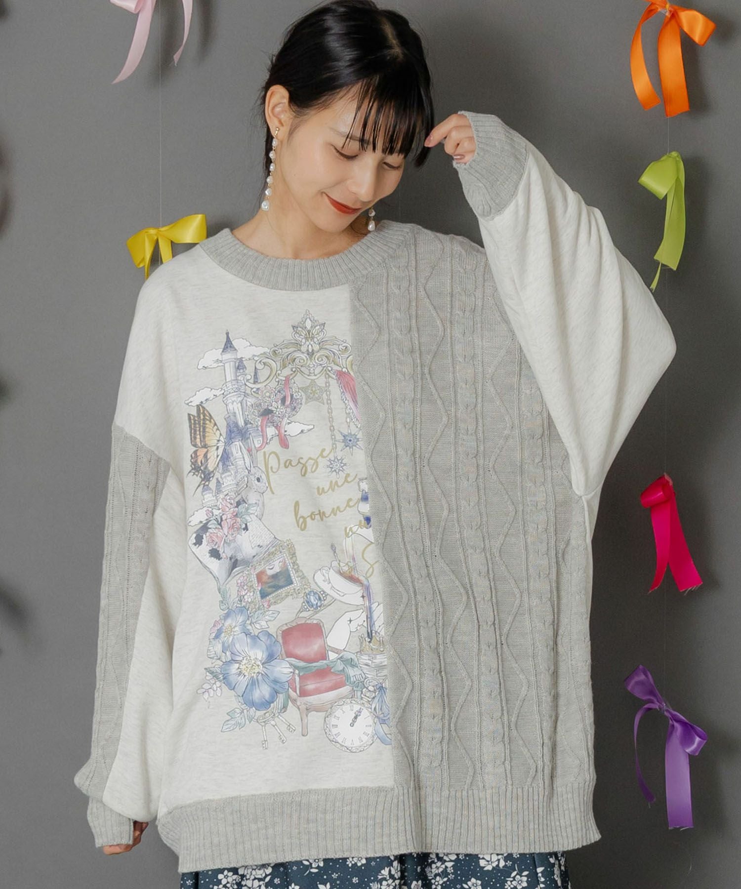 553288：童話風プリント異素材切替プルオーバーの通販-ScoLar