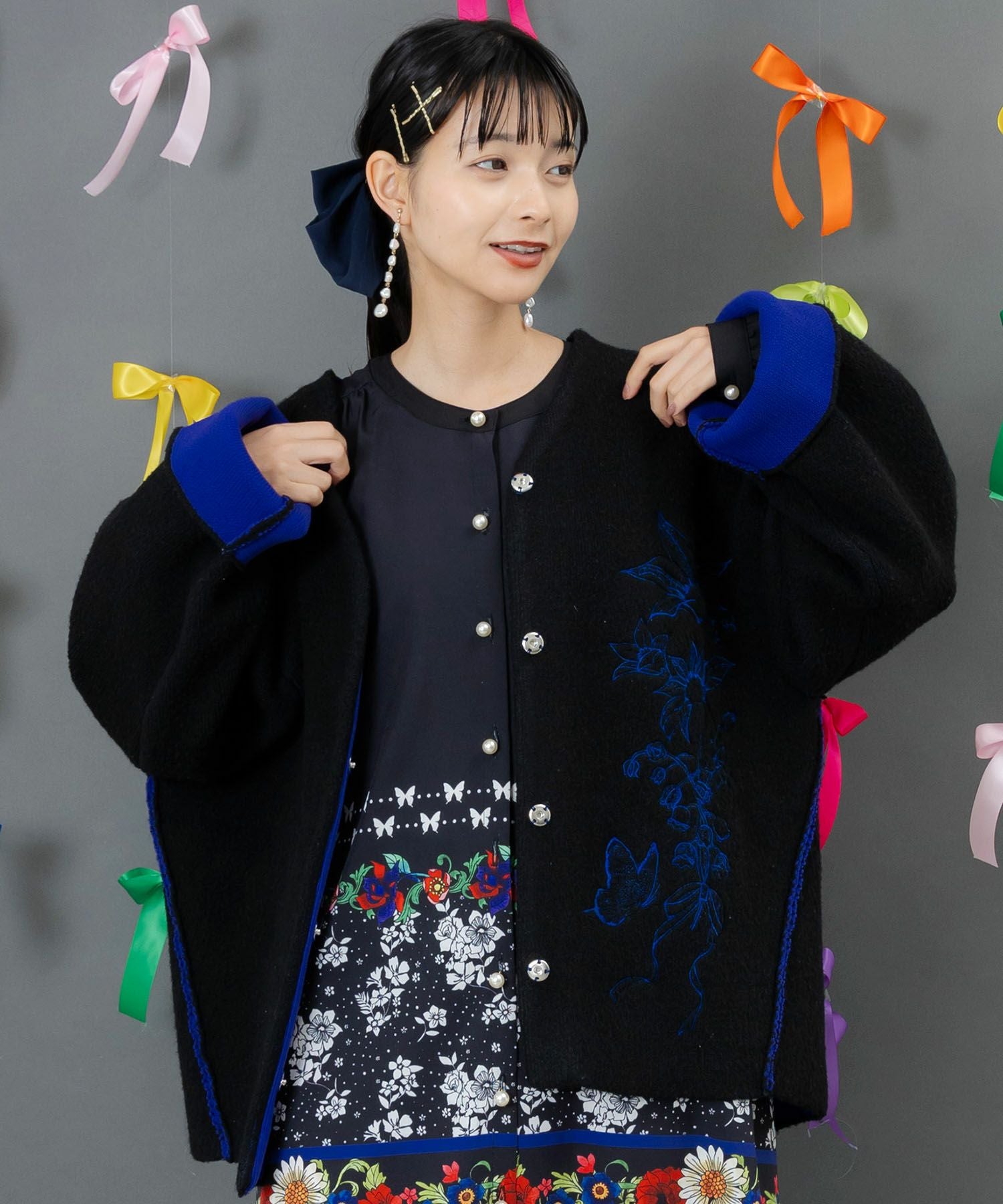 153784：裾蝶刺繍2wayミニ裏毛カーディガンの通販-ScoLar