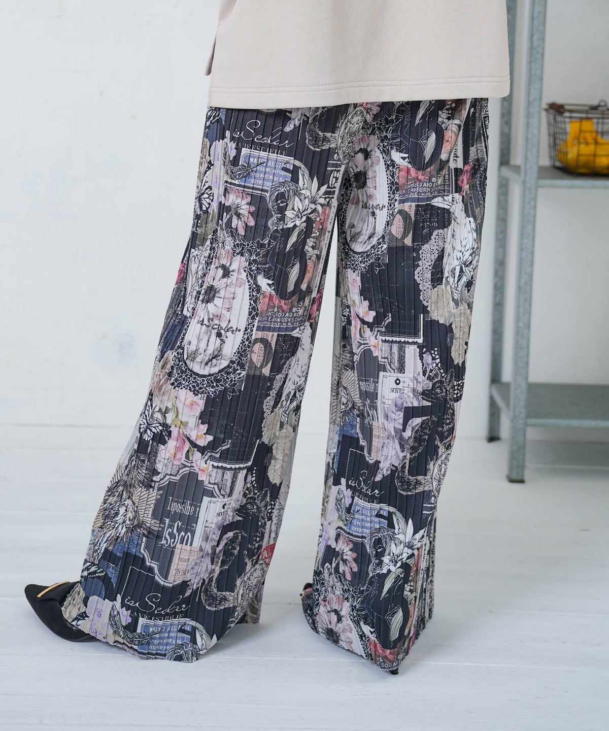 花柄ラベルプリーツパンツ-5