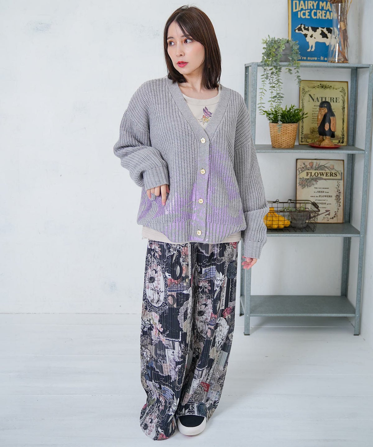 蝶柄箔プリントニットカーディガン-2