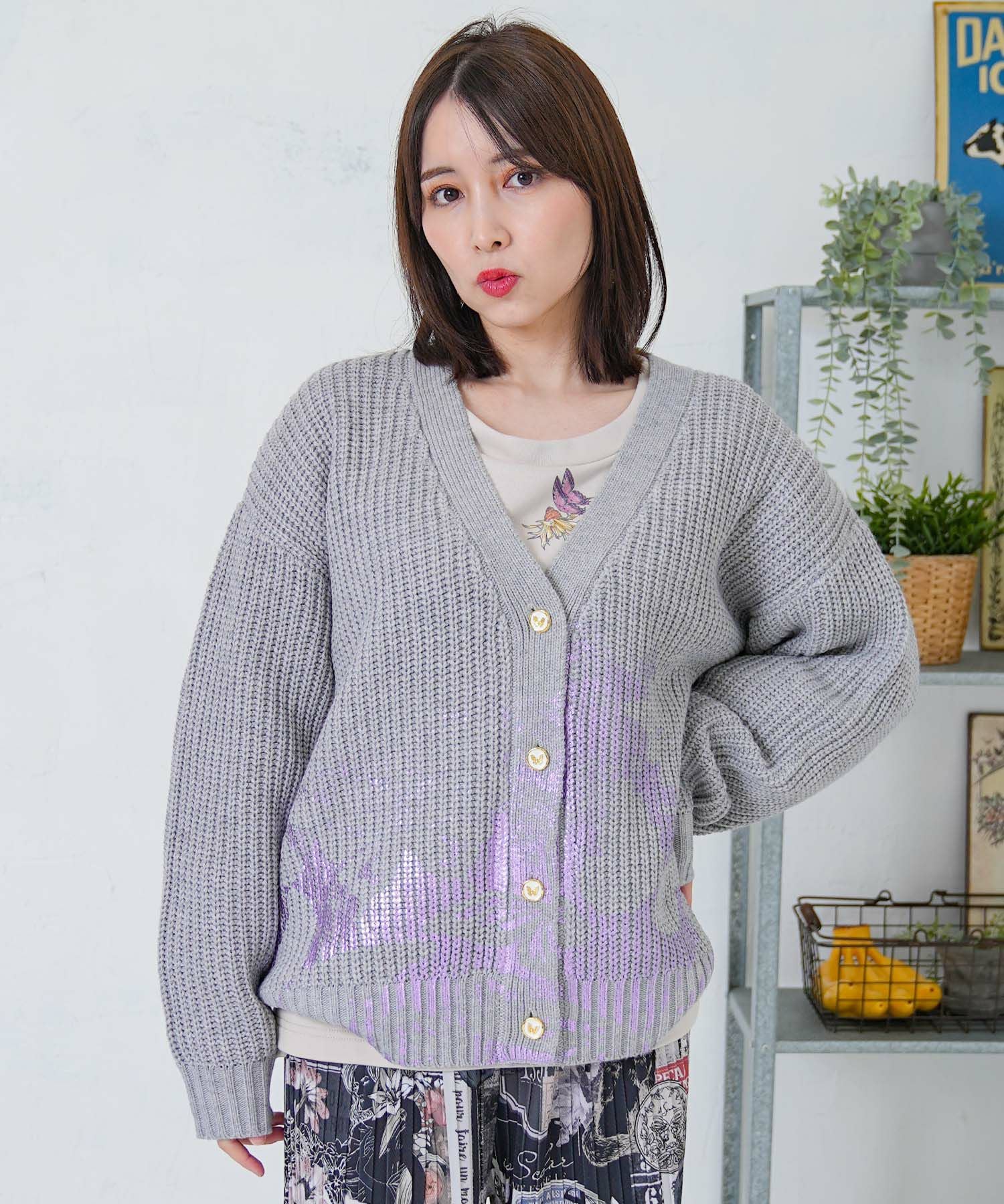 553281：蝶柄箔プリントニットカーディガンの通販-ScoLar