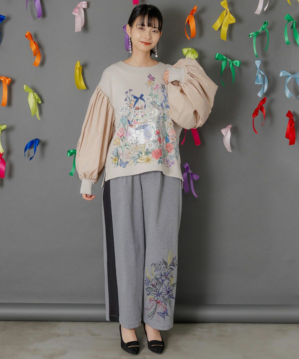 異素材切替×花束刺繍パンツ-2