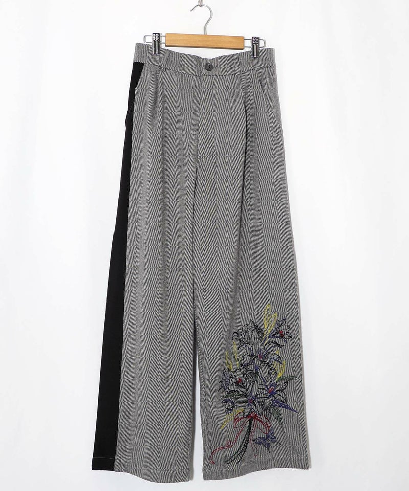 異素材切替×花束刺繍パンツ-9