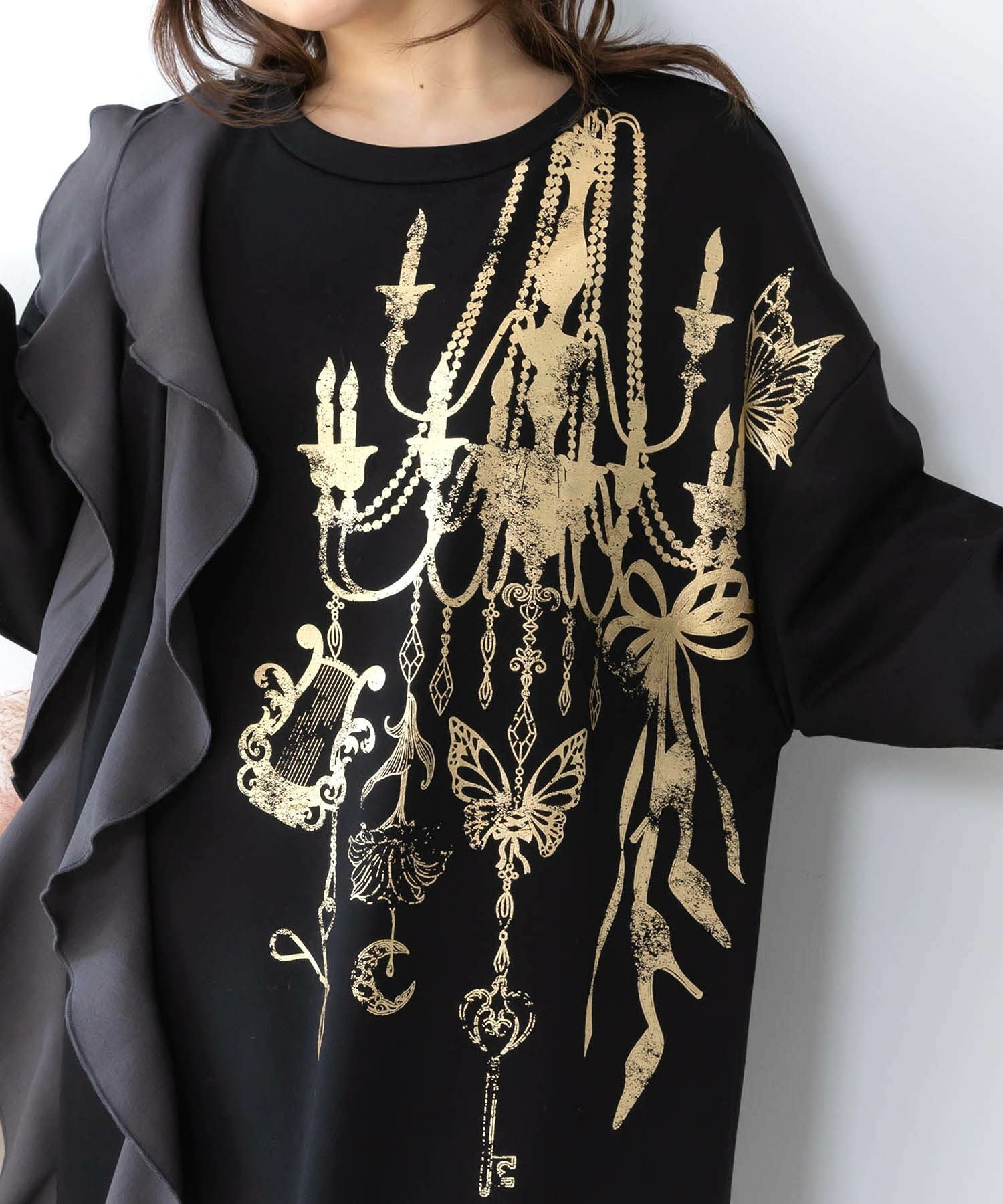 553278：箔プリントシャンデリア フリル裏毛ワンピースの通販-ScoLar