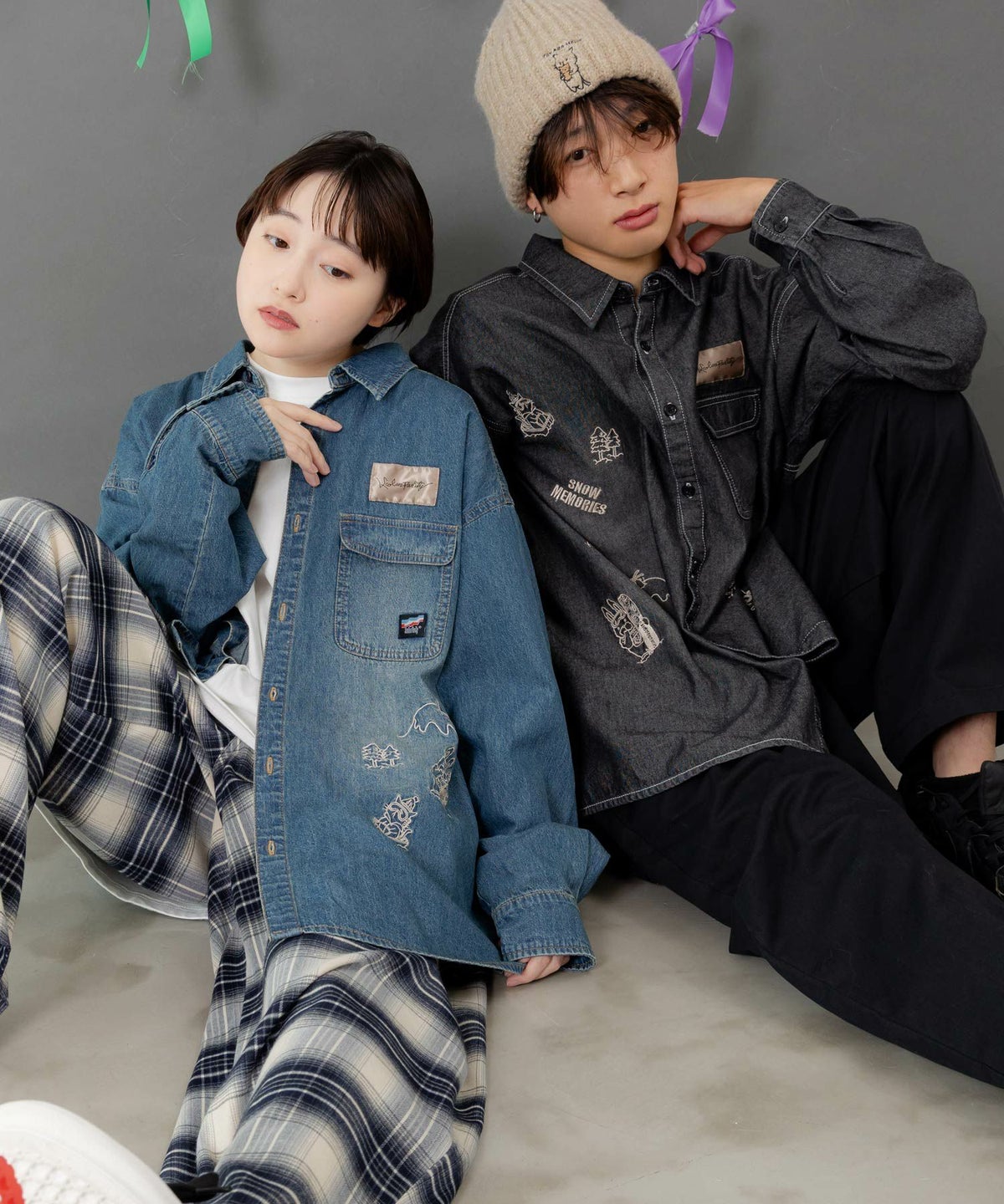 ラビルとネコのスノーメモリー刺繍デニムシャツ-1