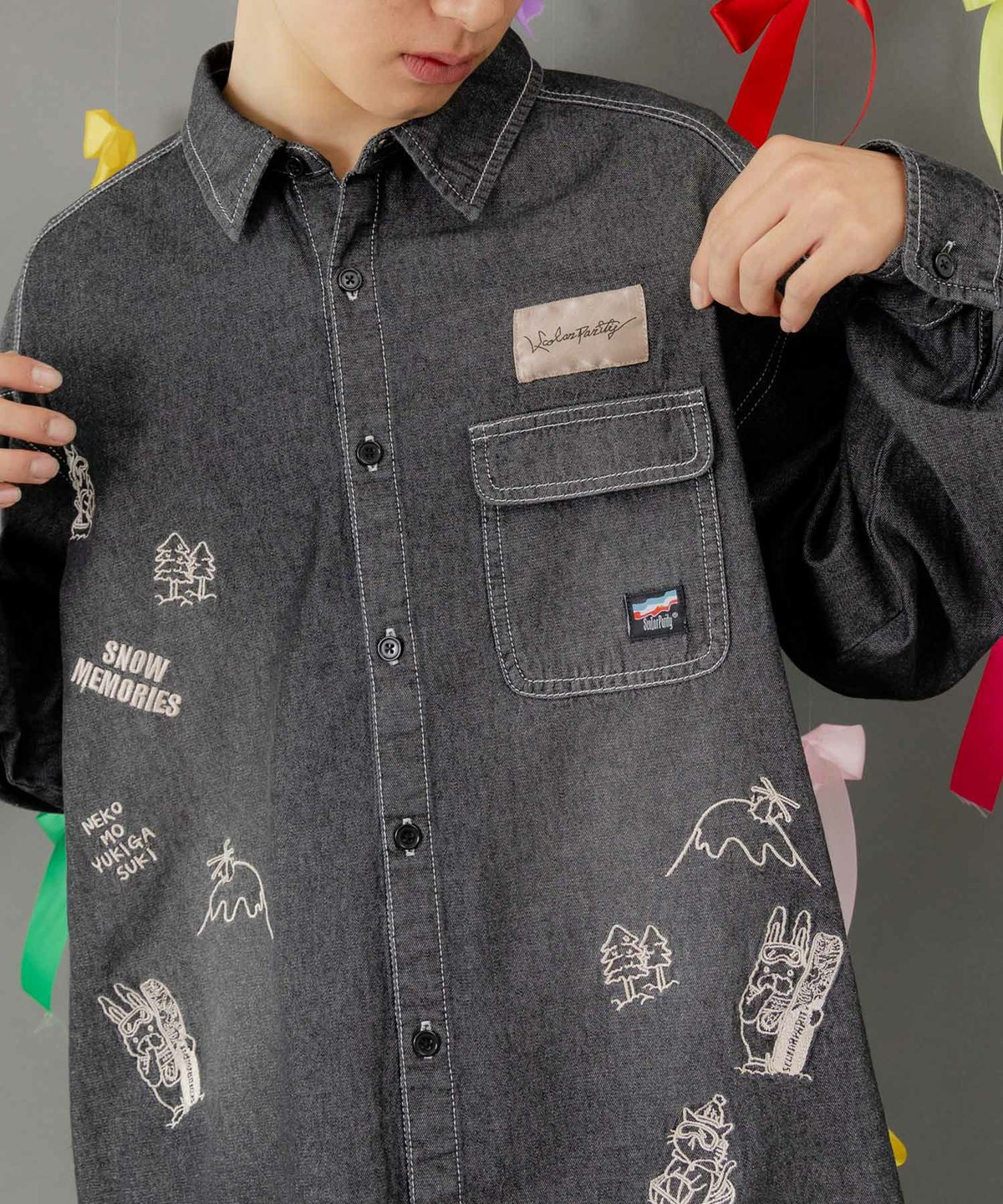 ラビルとネコのスノーメモリー刺繍デニムシャツ-15