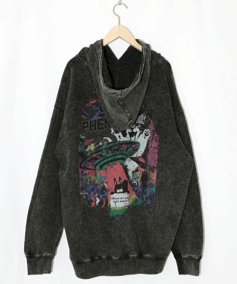 超常現象プリント ケミカル加工裏毛パーカー-2