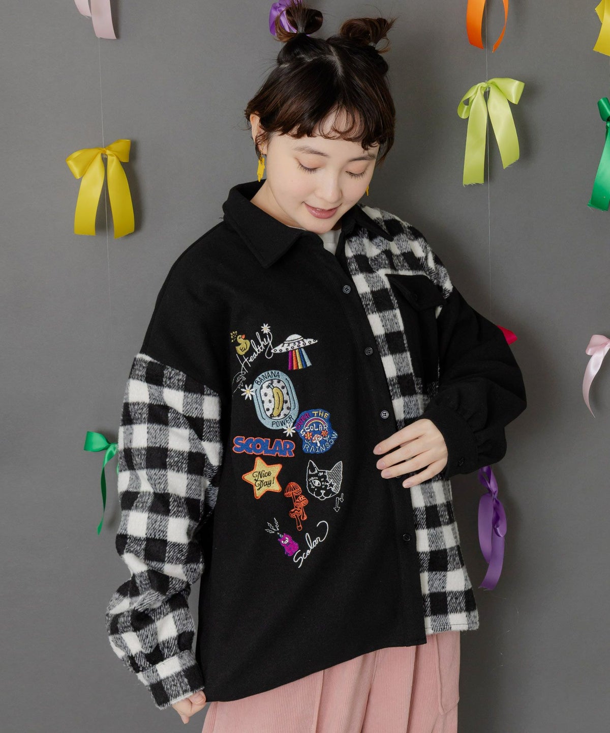 POP刺繍×チェック柄シャツ-1